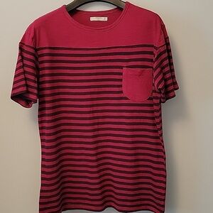 Mango Men's Burgundy and Black Striped Tee